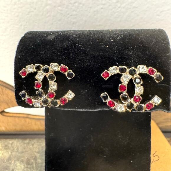 Chanel Black Red Clear Rhinestone Crystal Clip On Earrings A19 Authentic CoA - Picture 1 of 7